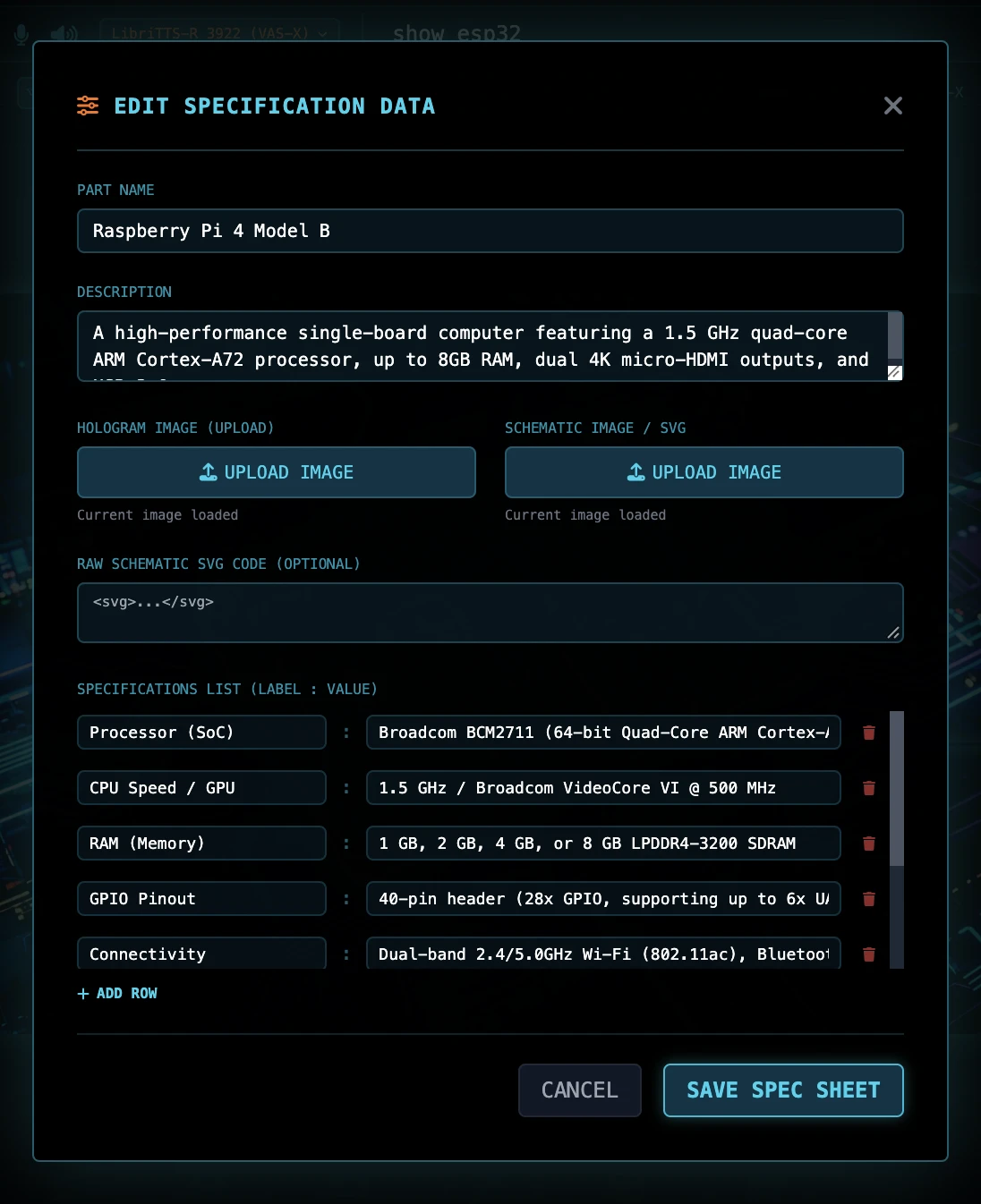 Interactive Component Specifications Editor
